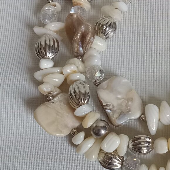 Silver Tone and Off White Mother Of Pearl Assorted Beads Triple Strand Necklace - Picture 7 of 11